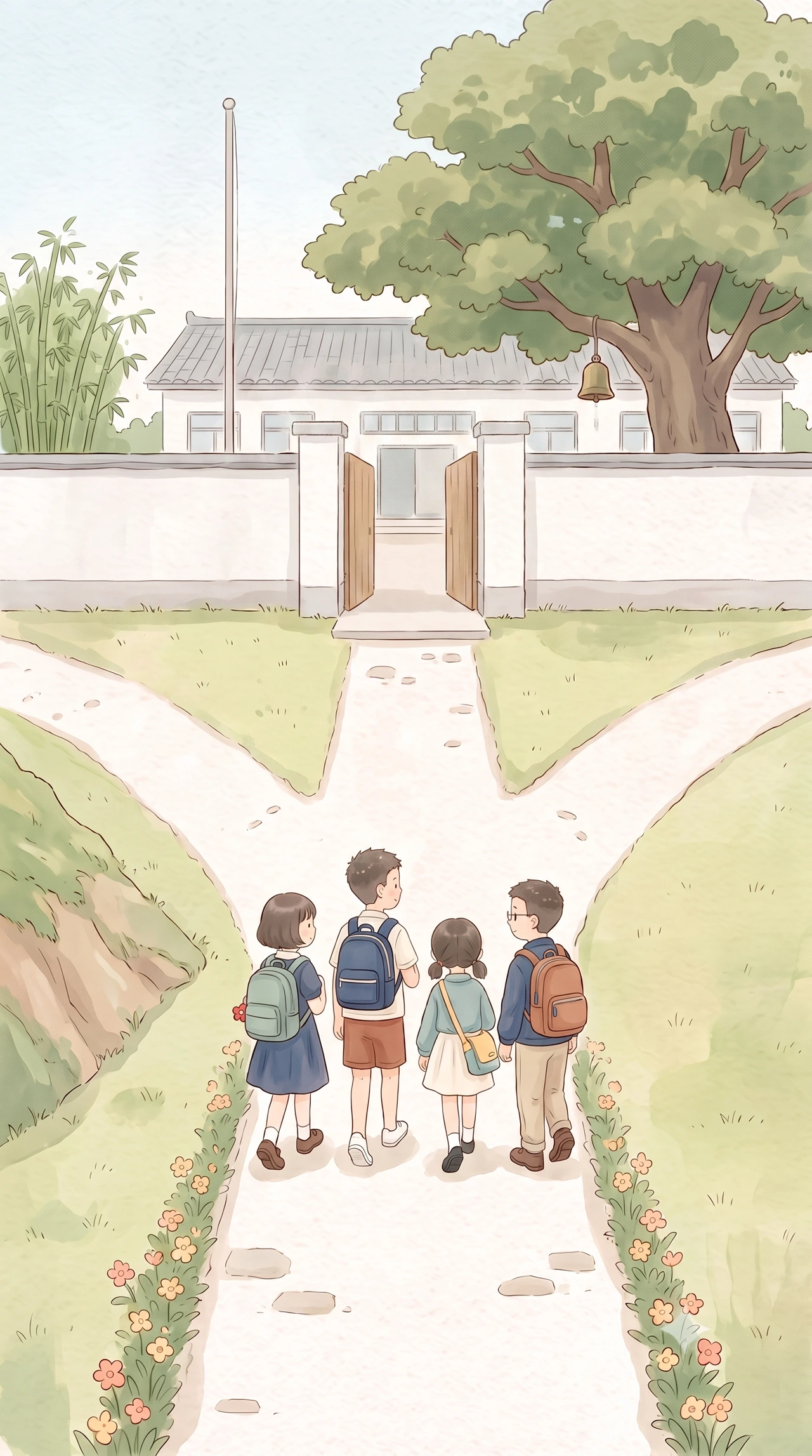 不同方向的花路汇向校园，学生们一起走来