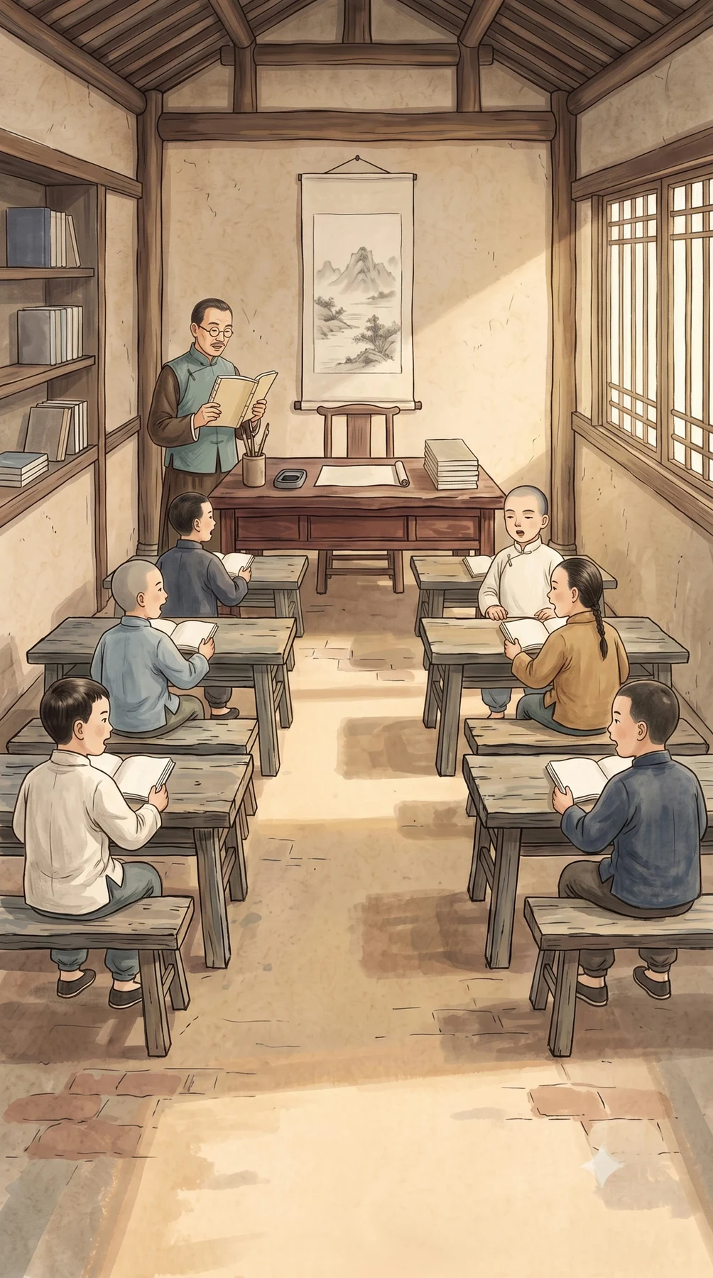 先生念书,学生在私塾课桌前整齐跟读