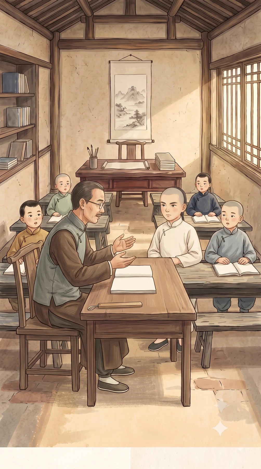 先生收起戒尺,围绕空白书页给学生讲解