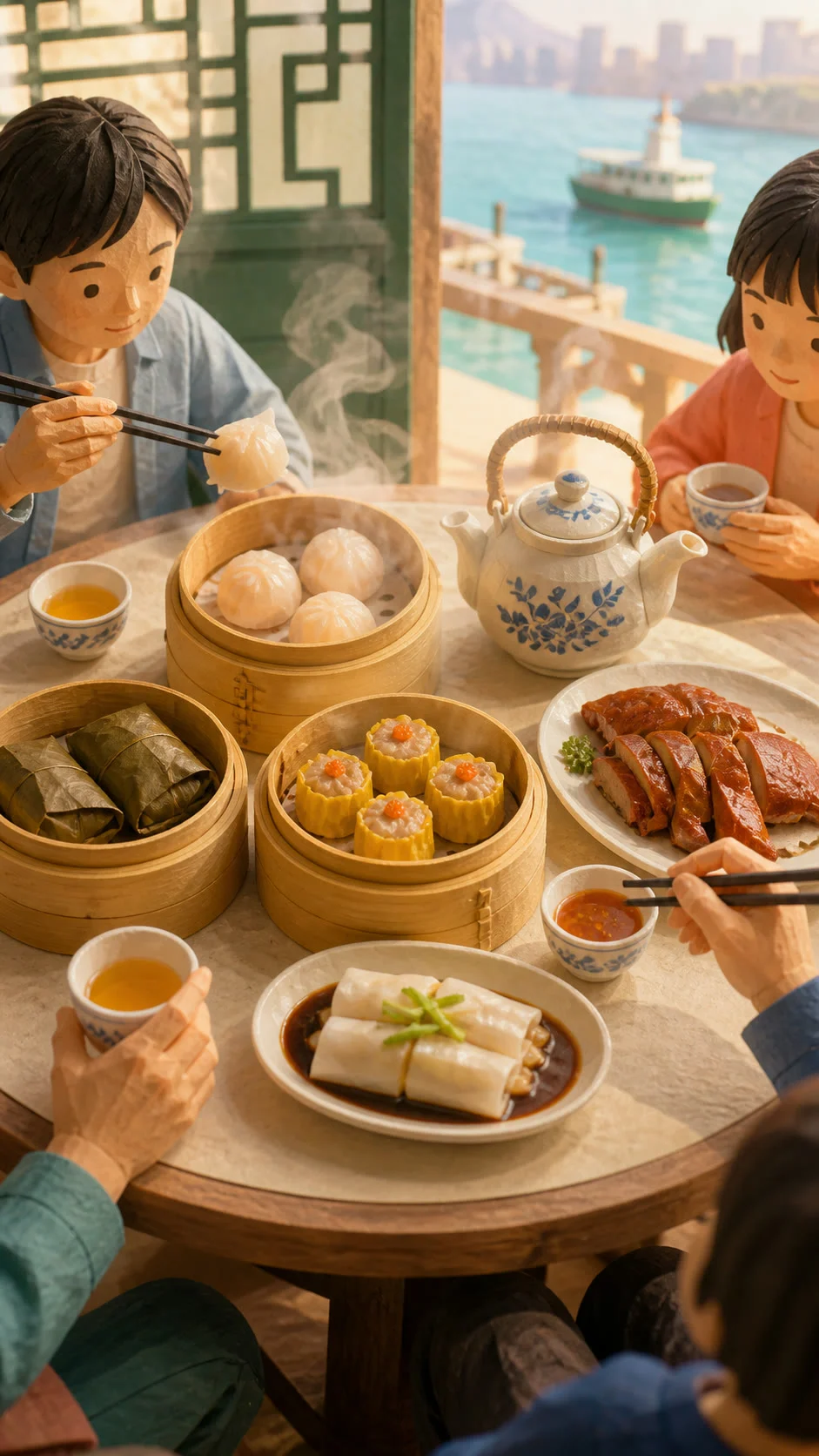 摆满粤菜与点心的餐桌