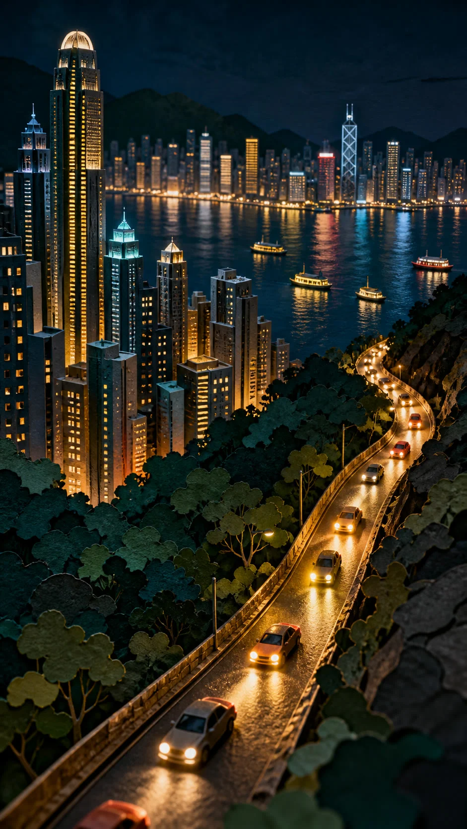 马路车灯和高楼灯火组成的夜景
