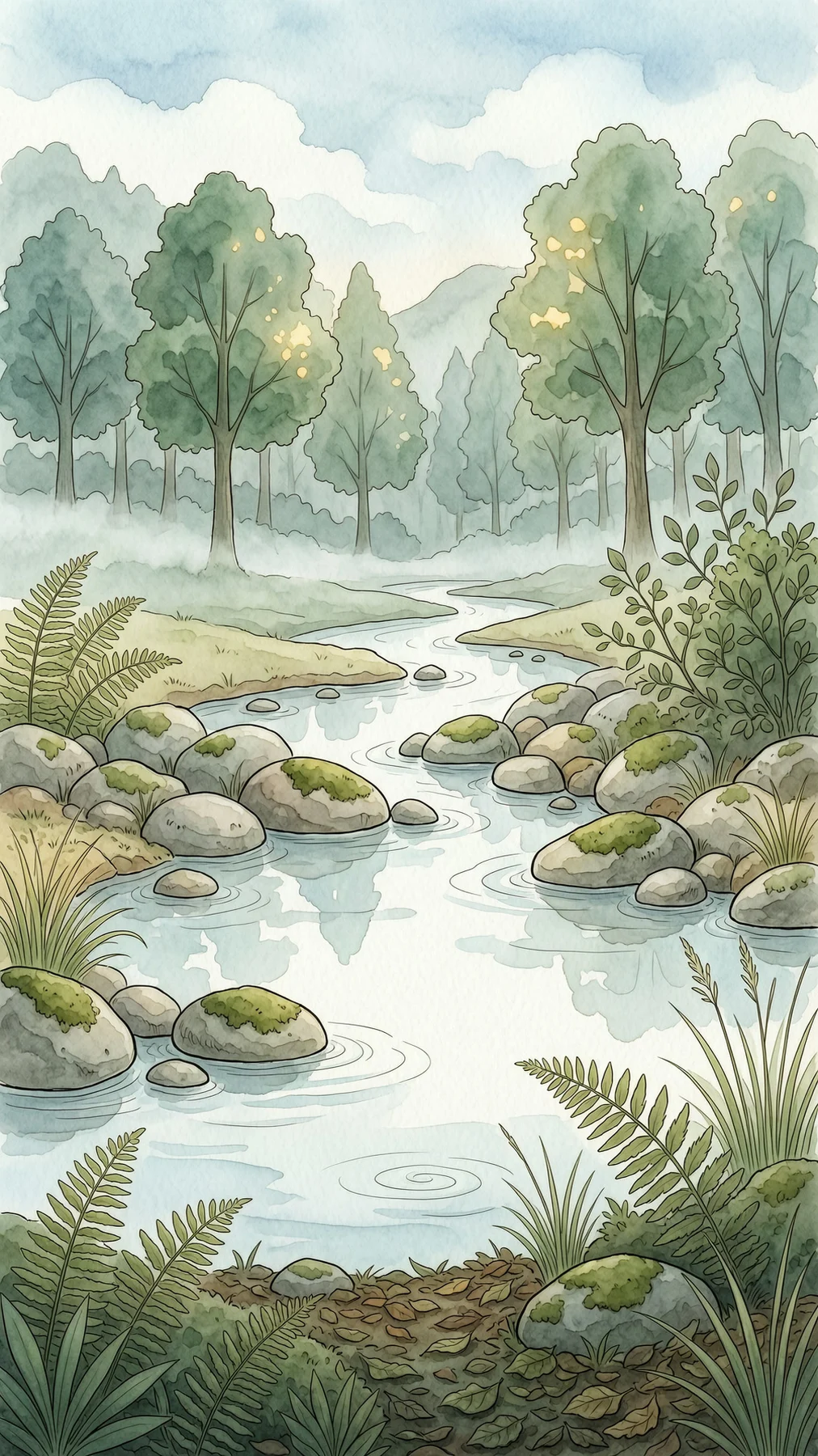 雨滴汇成溪流和河流,水彩画面表现从小曲到海洋合唱