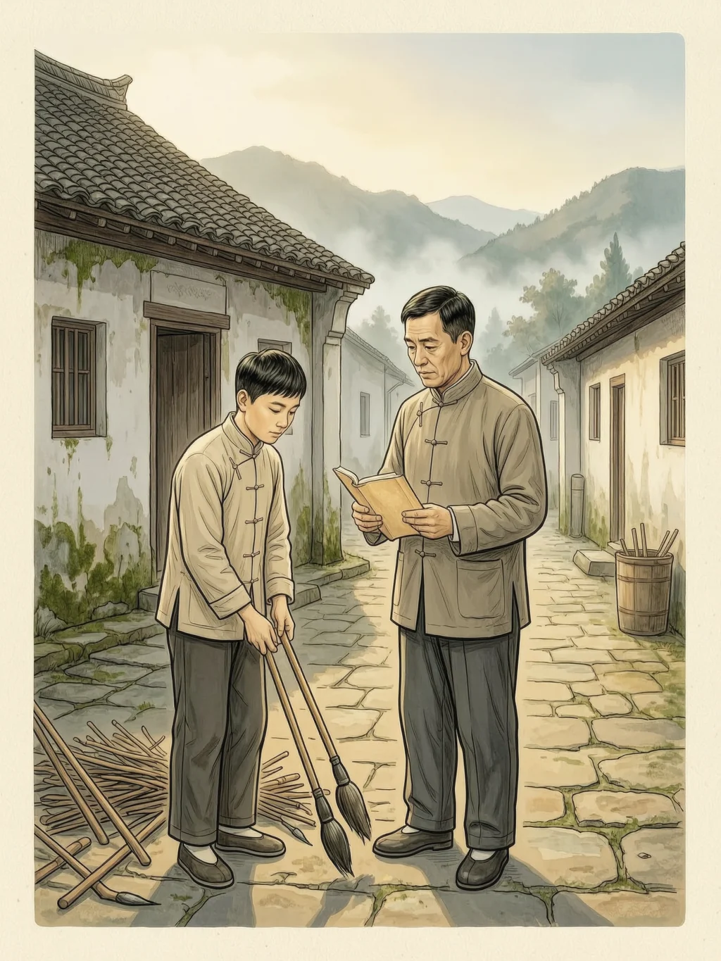 少年童第周一边做农活,一边跟父亲念书