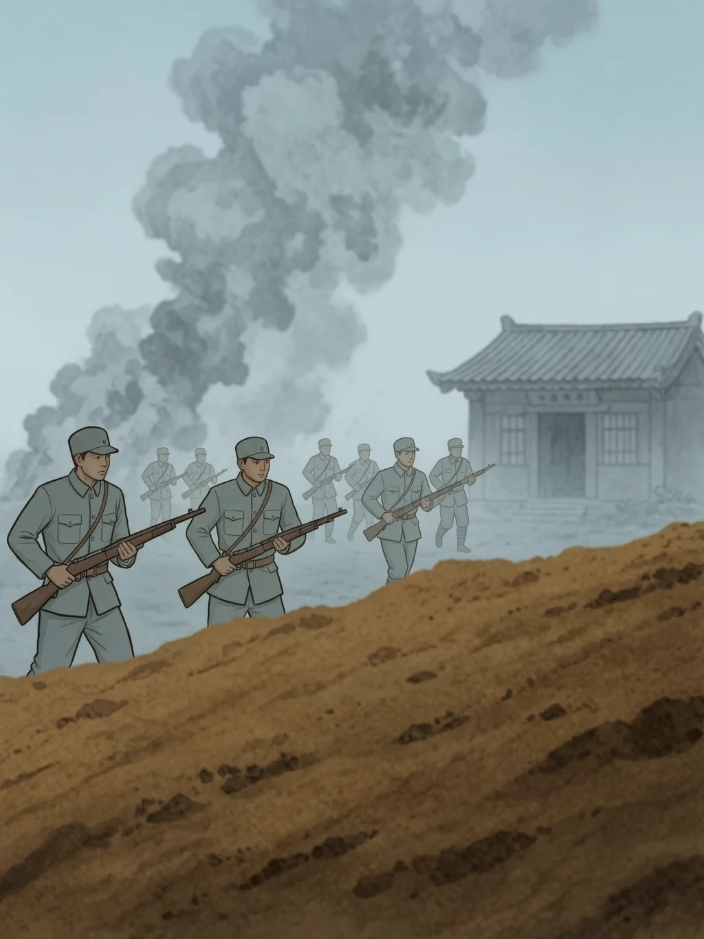 齐会战斗打响,战士们在烟尘中前进