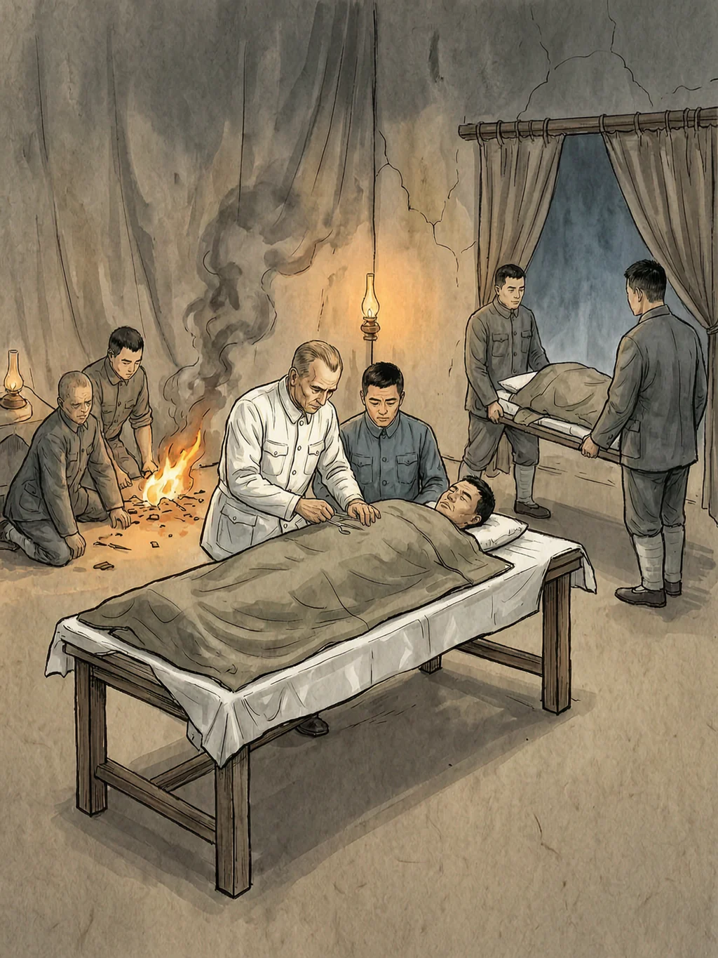 火情和转移伤员同时发生,白求恩仍在手术台旁工作