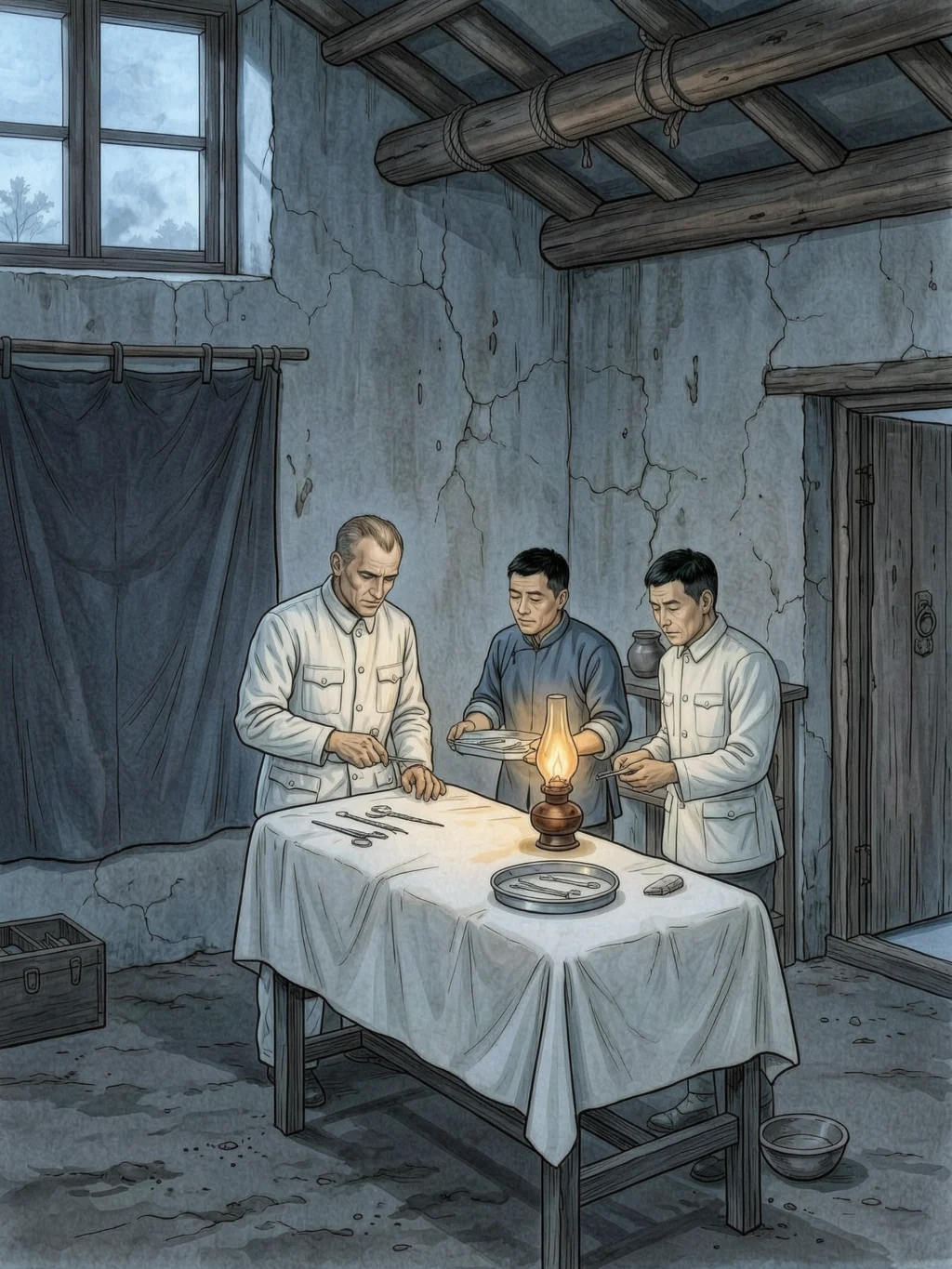白求恩在灯光下继续工作
