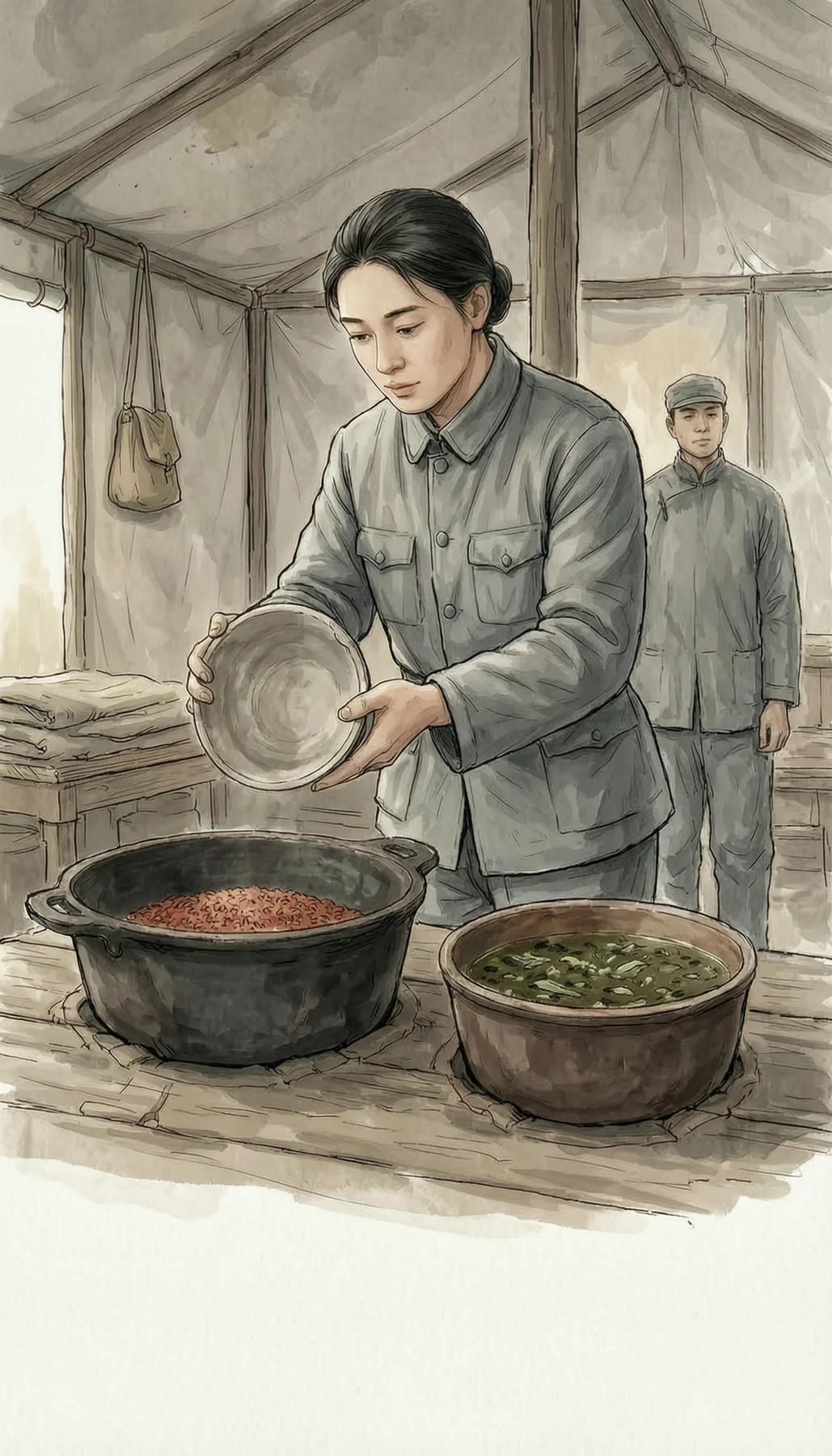 赵一曼把高粱米饭倒回锅里